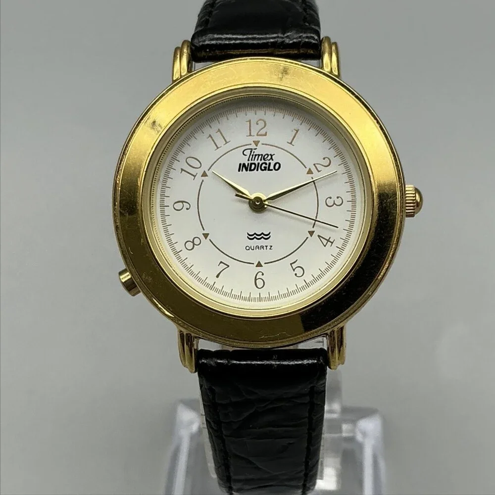 Timex Indiglo Womens Watch 31mm White Dial Gold Tone Black Leather New Battery